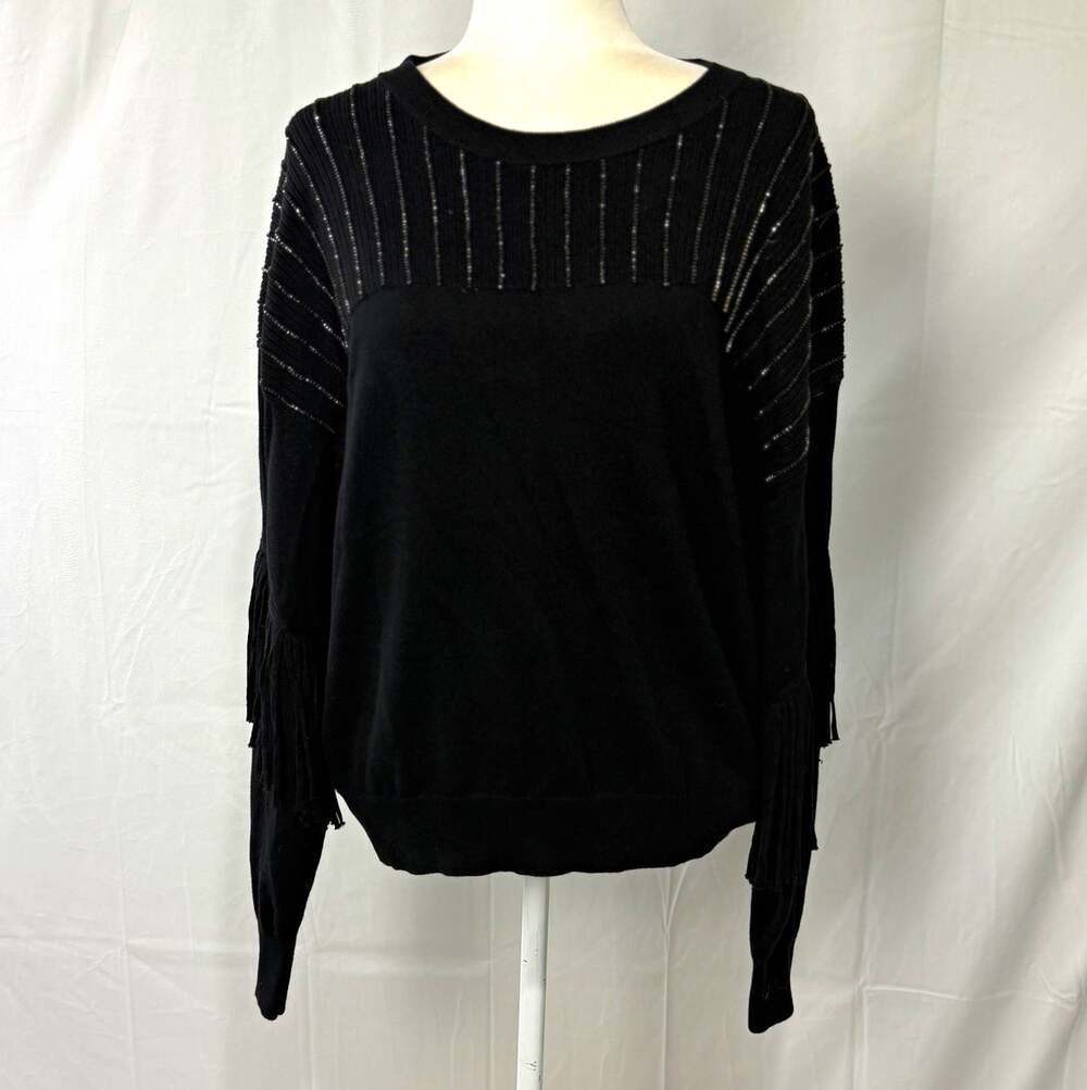 DKNY Fringe Rhinestone Embellished Pullover Knit Sweater Black Sz XL
